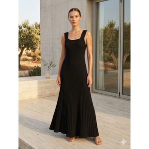 NWT RIHOAS Ponte Knit Maxi Dress Womens S/M Black Minimalist Square Neck
